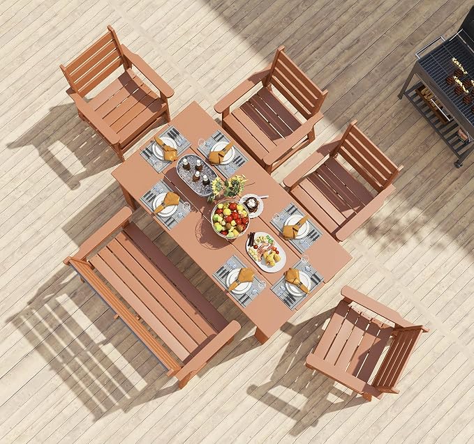 BRIOPAWS Outdoor-Dining-Table-Set | 6 Piece | HDPE | 1 Bench and 4 Chairs Sets for 6 | Patio Dinner Furniture | All Weather | Umbrella Hole | for Poolside Deck Backyard Outdoors | Teak