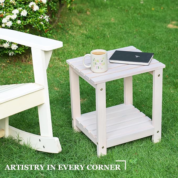 Premium 2-Tier Eucalyptus Wood Side Table with Slatted Storage Shelf, 13" x 16" x 17.5", Wooden Accent Table for Living Room, Entryway or Bedside (Whitewash)