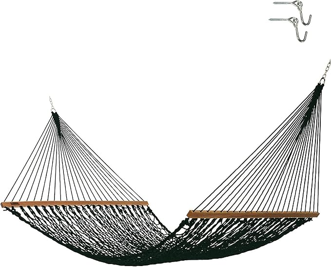 Hatteras Hammocks Executive Green DuraCord Rope Hammock – 13 ft. x 65 in., 2-Person, 450 lb Capacity, Cumaru Spreader Bar, Zinc-Plated Hardware – Handcrafted in The USA