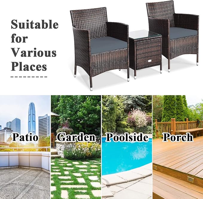 Tangkula Patio Furniture Set 3 Piece, Outdoor Wicker Rattan Conversation Set with Coffee Table, Chairs & Thick Cushions, Suitable for Patio Garden Lawn Backyard Pool (Grey)
