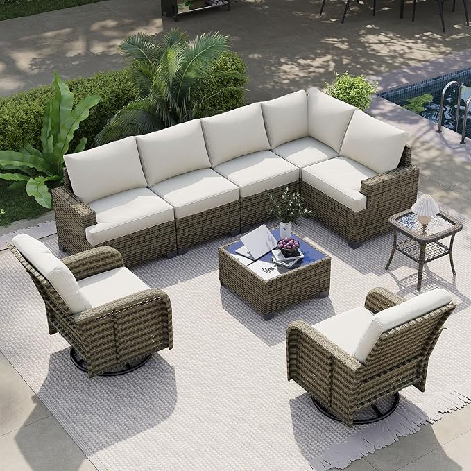 LazySunsets Luxury Patio Furniture Set，All-Weather Patio Sectional Sofas with Thickened Cushions, 9 Piece Outdoor Furniture Sectional Set with Swivel Rocker Chairs of 2，Beige