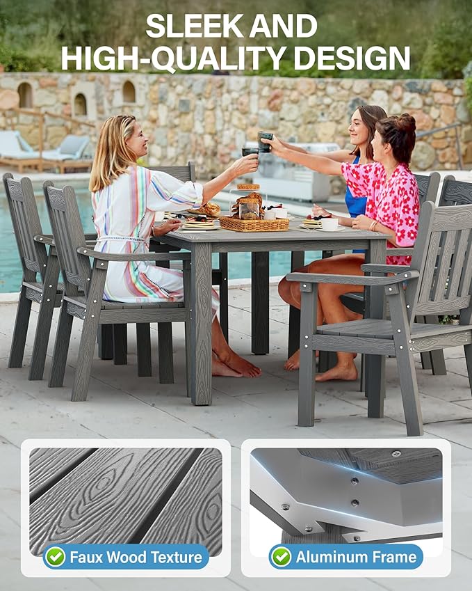 YEFU HIPS Patio Table Set: 7 Piece Patio Table and Chairs Outdoor Furniture Set with Umbrella Hole - Gray Modern Plastic Dining Sets 6 Person for Outside Deck with Metal Aluminum Frame
