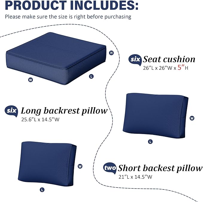 Outdoor Furniture Replacement Cushions, 5" Foam Foam High-Density, Fits 6-seat Sectional Rattan Conversation Set, 14 Piece Patio Water-Resistant Replacement Sofa Cushions, Liner&Cover