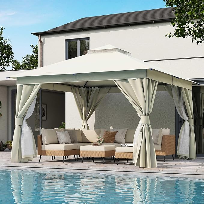 LAUSAINT HOME 12'x12' Outdoor Gazebo, Metal Frame Heavy Duty Patio Canopy Tent Shelter with Double Roofs, Mosquito Nettings and Privacy Screens for Backyard, Garden, Lawn, Cream White