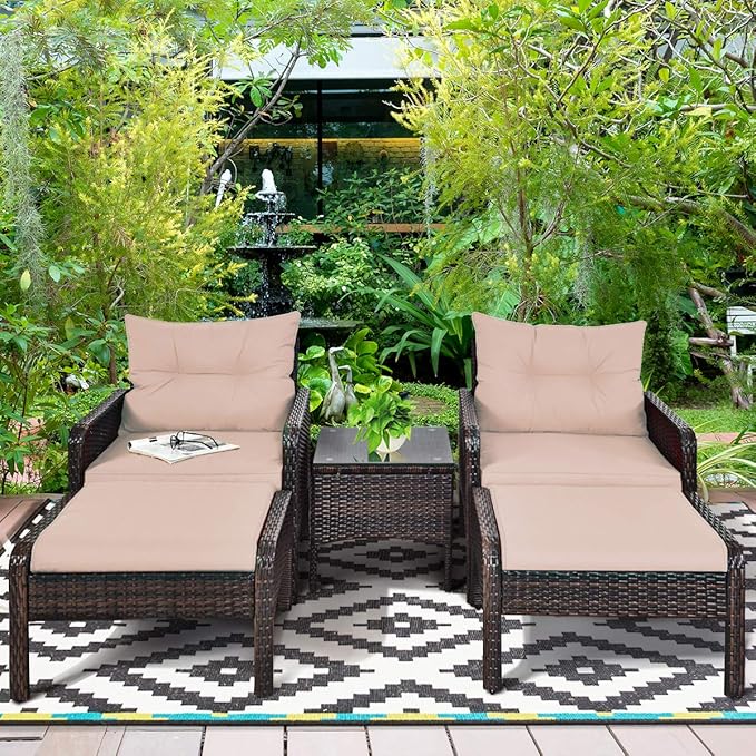 Tangkula 5 Pieces Wicker Patio Furniture Set, PE Rattan Outdoor All Weather Cushioned Sofas and Ottoman Set, 2-Person Outside Conversation Set for Lawn, Poolside, Yard, Balcony, Deck, Coffee