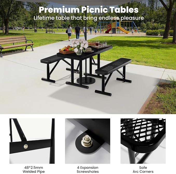 4FT Outdoor Metal Picnic Table with 2 Benches,Heavy Duty Rectangular Picnic Table Set for Outside, Waterproof Commercial Restaurant Table Furniture for Park, Campfield, Patio, Garden, Yard