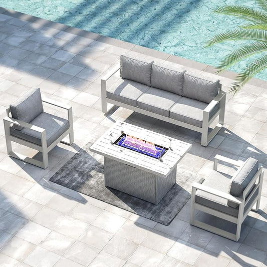 LayinSun 4 Pieces Aluminum Outdoor Patio Furniture Set, Metal Modern Conversation Sofa Set with Fire Pit Table and Washable Thick Cushions for Porch, Backyard, Deck