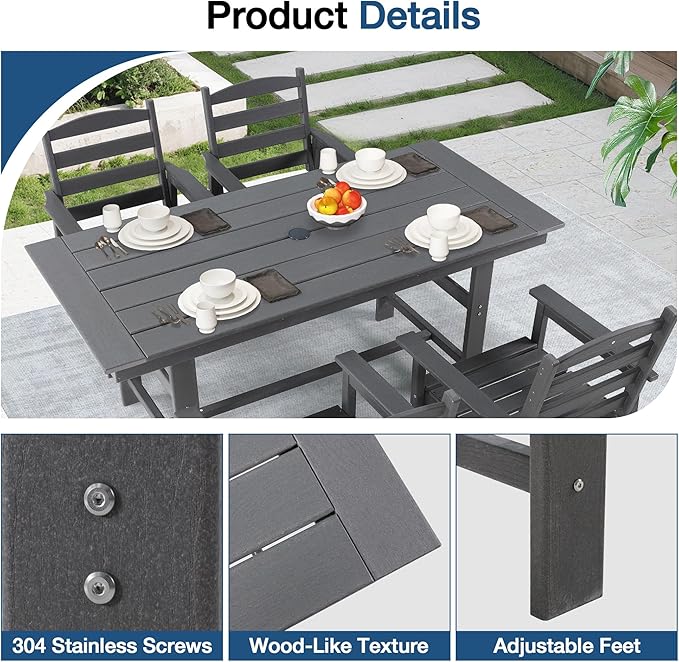 MELLCOM 5 Pieces Patio Dining Table Sets, Outdoor HDPE Dining Furniture Set with Umbrella Hole Table and 4 Chairs for Deck, Garden, Backyard