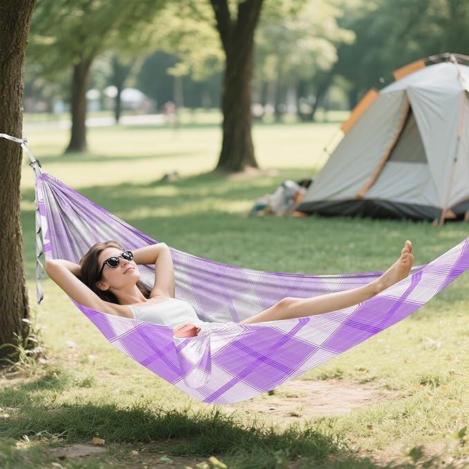 Diagonal Plaid Textile Lilac Camping Portable Swing Fabric Hammocks with Tree Straps 330 lbs Capacity for Outdoor Hiking Patio Backyard