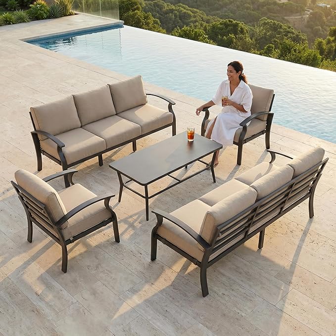 Aluminum Outdoor Patio Furniture Set,8 Seats Patio Conversation Sets with Rectangular Coffee Table,Metal Patio Sectional Furniture Set with 5.1" Thickened Cushions,Sand