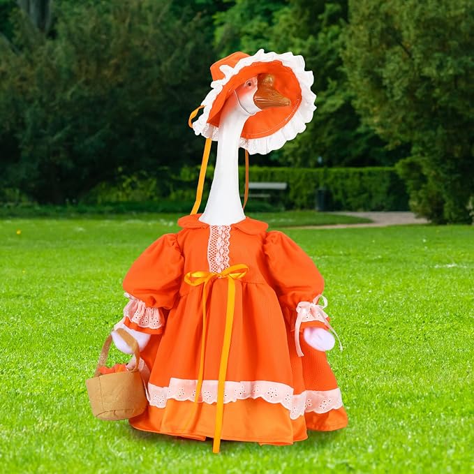 Soulchen Fall Porch Goose Outfit Set 23" Cute Lolita Goose Clothes Dress and Hat Costume Set for Fall Patio Yard Lawn Statue Decor
