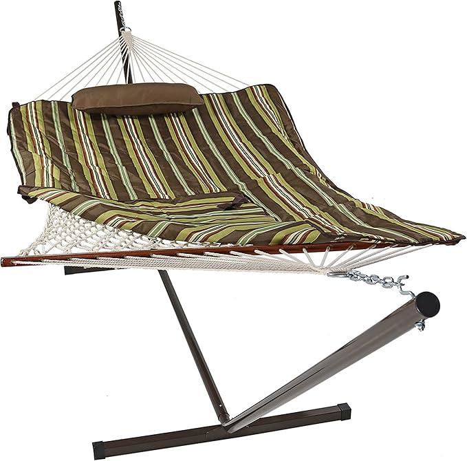 Sunnydaze Rope Hammock with Stand for Outside- 275-Pound Capacity - Includes 12-Foot Hammock Stand, Spreader Bar, Pad, and Pillow - Desert Stripe