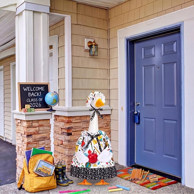 FuWeave Back to School Porch Goose Outfit Set for Plastic Statue Lawn Porch Goose Clothes with Schoolbag for Patio Decor