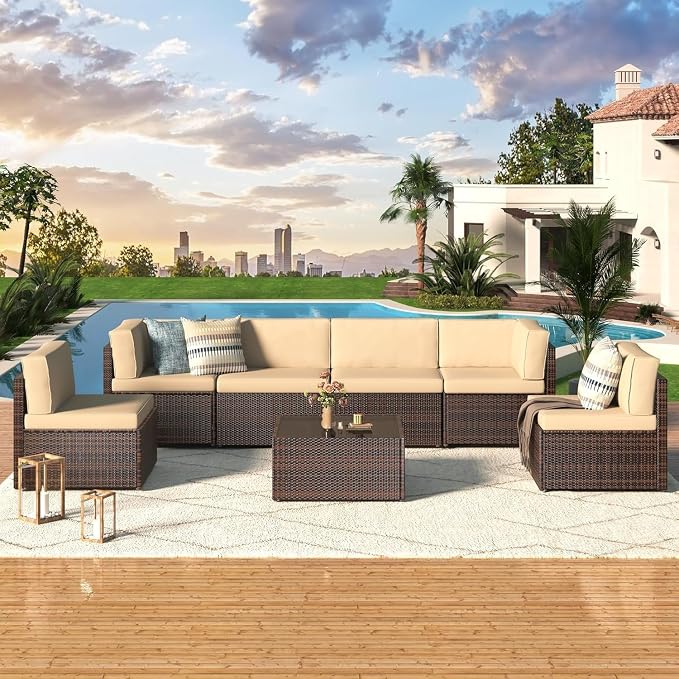 7 Piece Outdoor Patio Furniture Set with Cushions, PE Rattan Wicker Sectional Furniture Chair Set with Tea Table, Modular Patio Sofa for Garden, Backyard, Balcony Outdoor Lounge Area(Beige2)