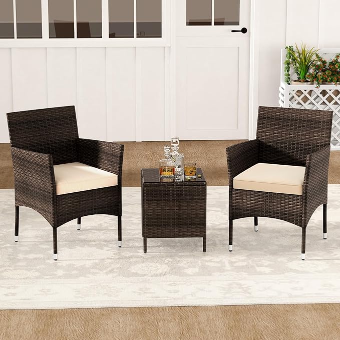 RELAX4LIFE 3-Piece Patio Furniture Set - Rattan Wicker Outdoor Conversation Set w/Cushions & Glass Coffee Table, Balcony Furniture for Porch Garden Backyard, Bistro Table and Chairs Set of 2 (Beige)