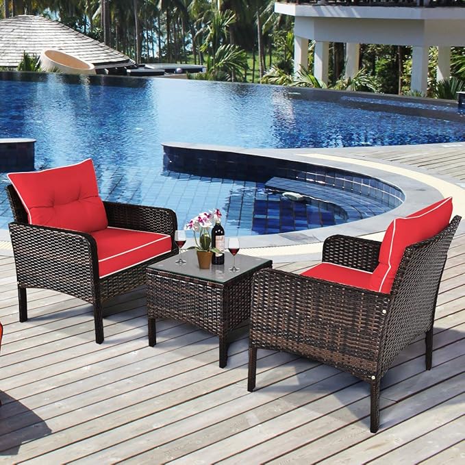 HAPPYGRILL 3 Pieces Patio Furniture Set Outdoor Rattan Wicker Coffee Table & Chairs Set with Seat Cushions Patio Conversation Set for Garden Balcony Backyard Poolside
