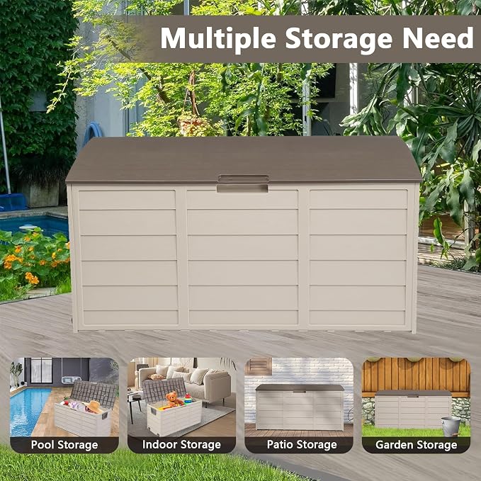75 Gallon Outdoor Storage Box,Waterproof Deck Box with Lockable Lid&Wheels,Easy-open Outdoor Storage Bench with Handles for Garden,Pool,Balcony (Brown)