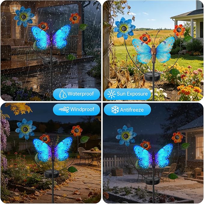 Solar Butterfly Garden Lights, 2 Lighting Modes, Colorful LED with Flower & Butterfly Decor, Waterproof Solar Stake Lights for Garden Yard Patio Lawn Pathway (Blue)