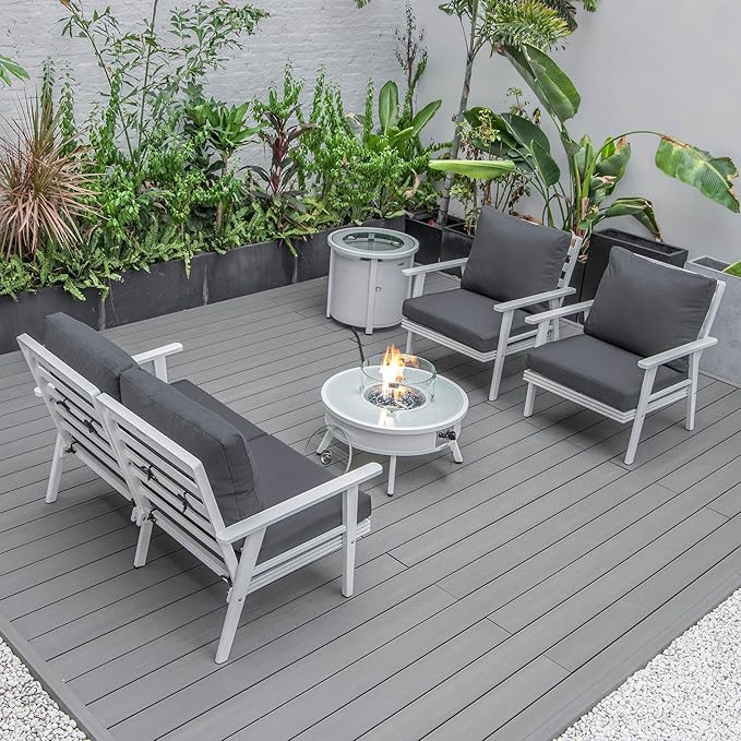 LeisureMod Walbrooke Modern Aluminum 5-Piece Patio Conversation Set with Outdoor Round Firepit Table & Side Table Tank Holder (Charcoal)
