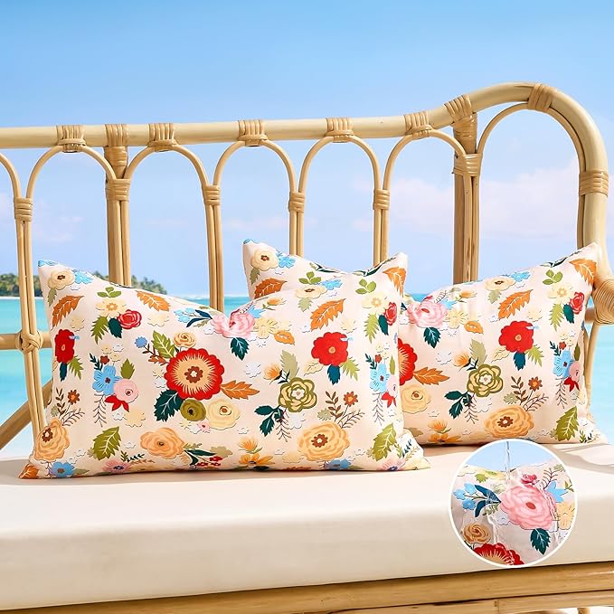 Decorative Waterproof Lumbar Pillow Covers Outdoor Pillow Covers Summer Accent Beige Floral Couch Covers Garden Farmhouse Throw Cushion Cases 12x20 Inch Set of 2 for Patio Tent Balcony Bench Sofa