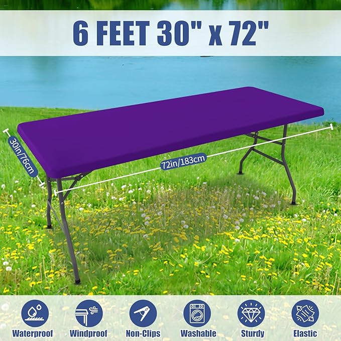 Moosfor Spandex 6 Foot Rectangle Table Cloth 2 Pack, Elastic Fitted Tablecloths for Picnic, Stretch Washable Patio Table Cover for Outdoor, Camping, Banquet and Parties (Purple, 30"x72")