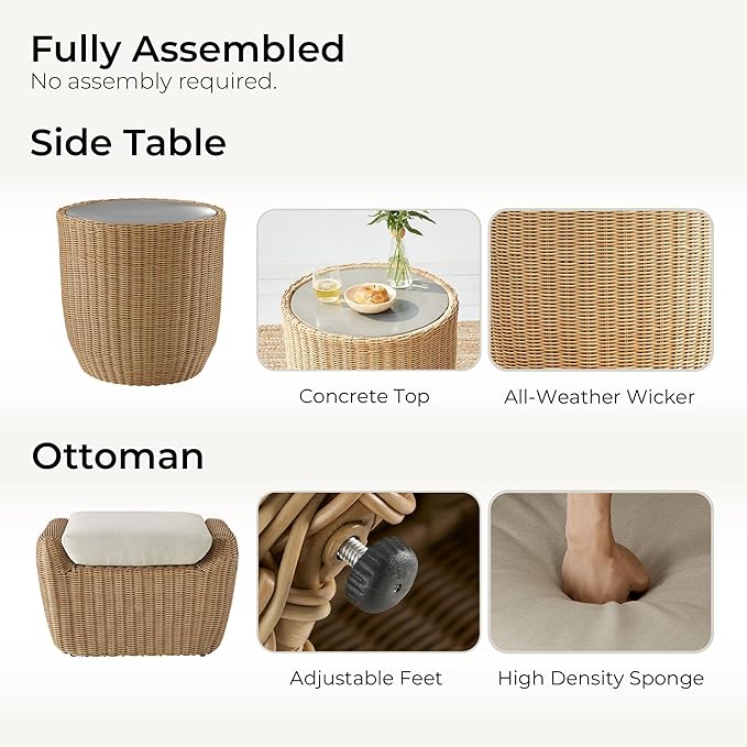 CHITA 5 Pieces Patio Wicker Furniture Set, Outdoor Rattan Bistro Set with Removable Thickened Cushions, Fully Assembled(Beige Cushions with Light Brown Wicker)