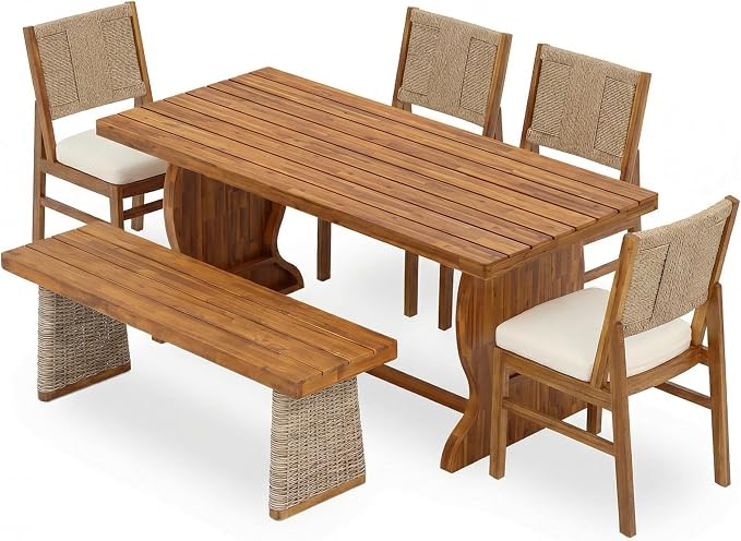 Christopher Knight Home 6-Piece Outdoor Dining Set, 70" Acacia Wood Patio Table with 4 Light Brown Wicker Chairs with Cream Cushions and 1 Bench, Teak Finish Outdoor Furniture Set for Garden Porch