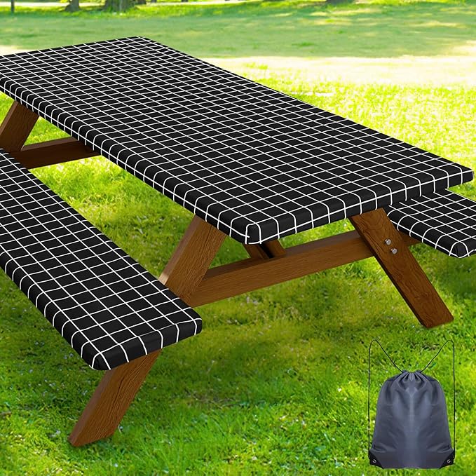 Smiry Picnic Table Cover with Bench Covers, Waterproof Elastic Fitted Tablecloth for 6 Foot Tables, Washable Polyester Tablecloths for Camping, Indoor & Outdoor (Black & White, 30x72 Inch 3-pc Set)