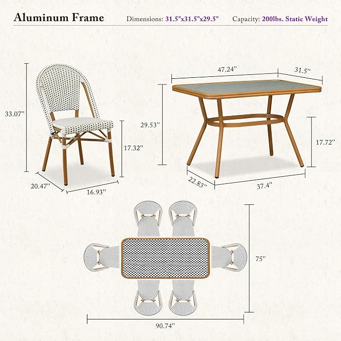 PURPLE LEAF 7-Piece French Bistro Dining Set Rectangle Outdoor Patio Table and 6 Armless Chairs Tempered Glass Top PE Rattan Bamboo Print Finish Aluminum Frame White