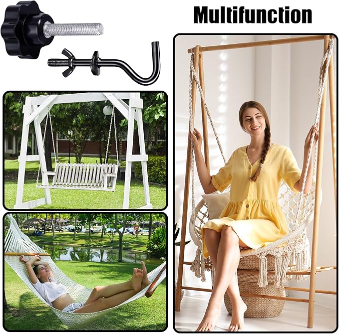Therwen 8 Pcs Hammock Hardware Kit Heavy Duty Hammock Stand Hook Replacement Thread Hand Knob for Swing Chair Patio Umbrella Base Garden(Black)