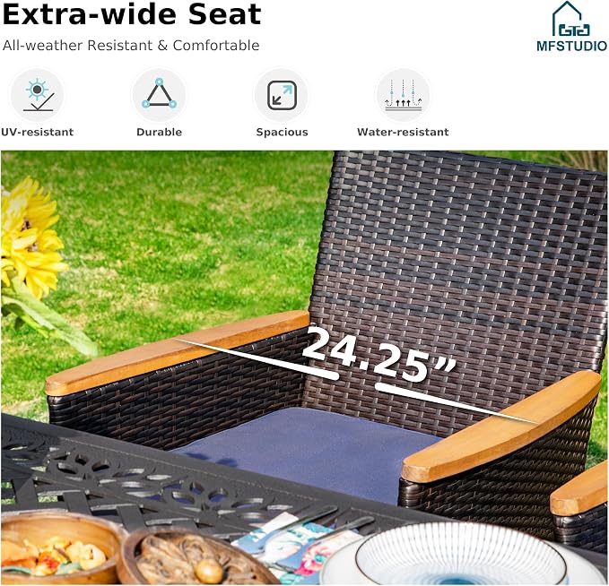 MFSTUDIO 5 Pieces Outdoor Rattan Dining Set, Patio Square Table and Wicker Chairs for 4, Outdoor Metal Table Set for 4 with Chairs, Wicker Patio Dining Furniture for Backyard, Porch
