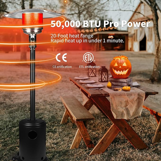 48,000 BTU Propane Patio Heater with Wheels – Outdoor Gas Heater for Backyard, Garden & Restaurant, Powder-Coated Steel Body with Easy Ignition & Safety Shut-Off
