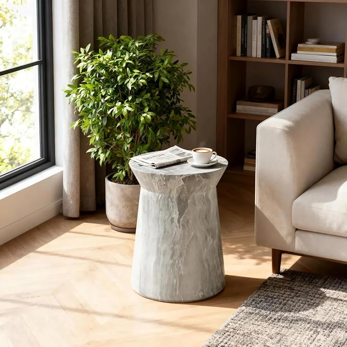 Outdoor Side Table Round Concrete Side Table Faux Stone End Tables Cement Accent Tables Patio Garden Stool Plant Stand for Porch, Backyard Balcony,12.8",Grey