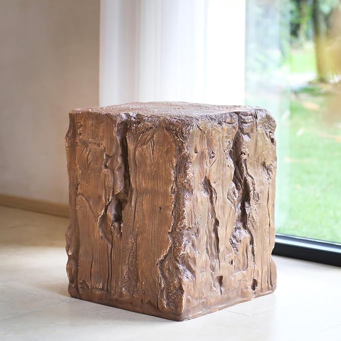 Christopher Knight Home Nataly 18.25" H Small Outdoor Side Table, Stump Shape Carved Garden Stool, Lightweight Concrete End Table, Patio Decorative Home Stool for Balcony Poolside Backyard, Brown