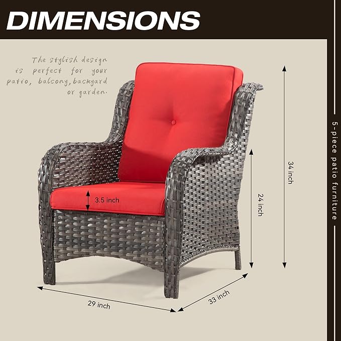 Outdoor Wicker Chair Rattan Patio Dining Chairs Set of 4 PE Patio Chairs with 3.5 inch Seat Cushions Outdoor Patio Seating Chair for Garden, Backyard Swimming Pool, Balcony, Red