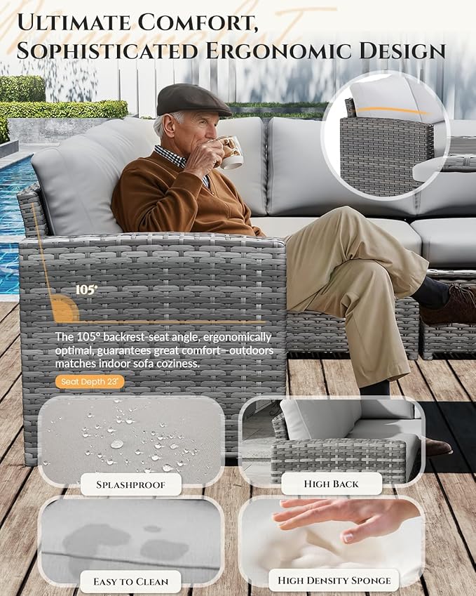 U-MAX 7 Pieces Patio Furniture Set, Outdoor Sectional Sofa Conversation Set, All Weather Wicker Rattan Dining Table & Chair with Ottoman, Grey Rattan&Light Grey Cushion