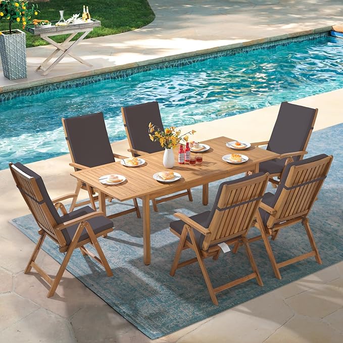 OC Orange-Casual 7 Piece Patio Dining Set, Outdoor Acacia Wood Furniture Set w/Extendable Rectangular Table and 6 Foldable Reclining Chair, Solid Wood, for Deck Garden Backyard, Dark Grey