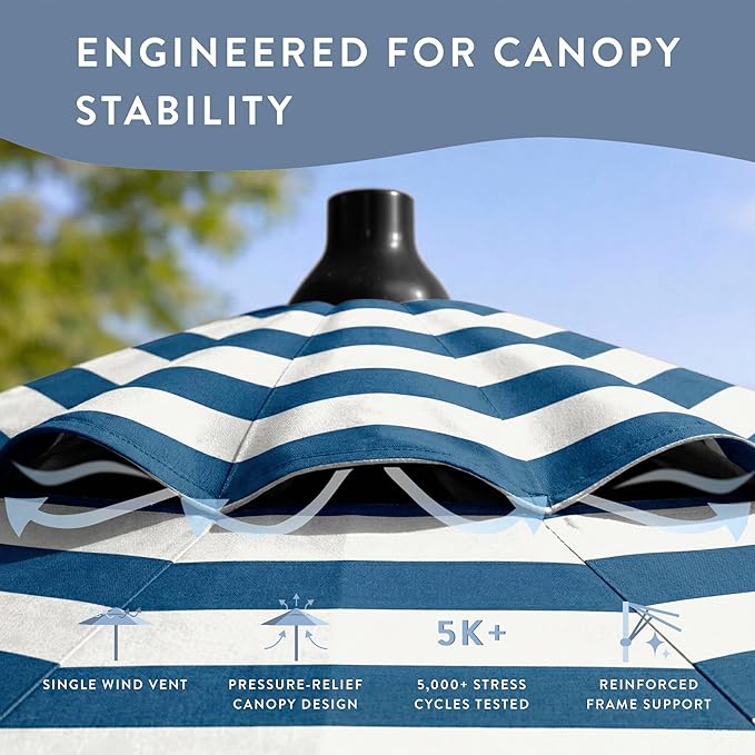 California Umbrella 12-Year Protection 7.5-Ft Outdoor Patio Umbrella, Sunbrella Fade-Resistant Fabric, Auto-Tilt, Heavy Duty Aluminum Frame, 8 Reinforced Ribs for Pool or Deck, Black Pole, Cabana Regatta