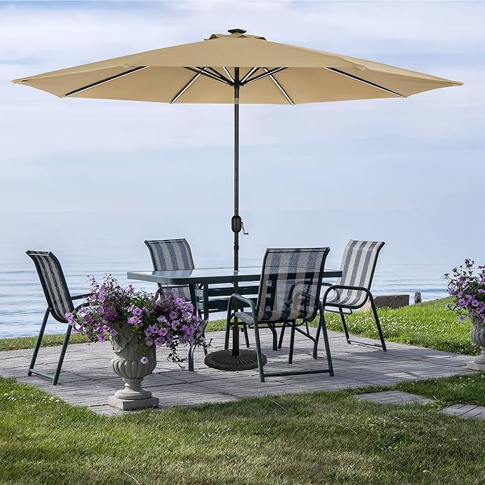 Island Umbrella Calypso 11 ft Octagon Patio Umbrella – With Crank Lift, Push-Button Tilt, Rust-Resistant Aluminum Pole, 8-Rib Frame, Solar LED Lights & Breez-Tex Weather-Resistant Canopy – Champagne