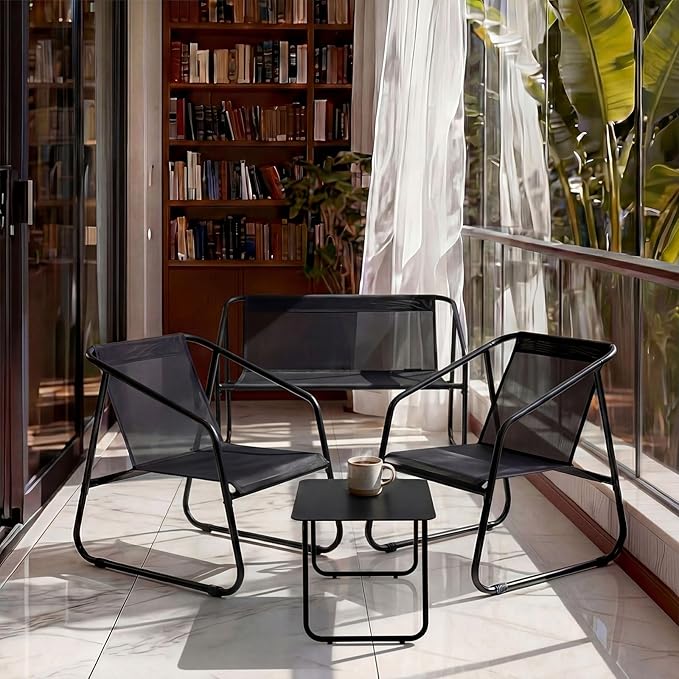 DUMOS 4 Piece Patio Furniture Set，Outdoor Patio Furniture Conversation Set with Table, Patio Sectional Bistro Sets for Lawn, Garden, Balcony, Poolside (Black)