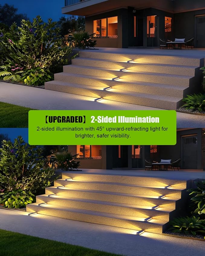 DetarZinLED Solar Step Lights for Outside 2 Pack, 12 LEDs 2-Sided Illumination Solar Stair Lights Outdoor IP68 Waterproof,Auto On/Off Deck Lights Solar Powered for Patio,Yard,Path,Walkway (Warm White)