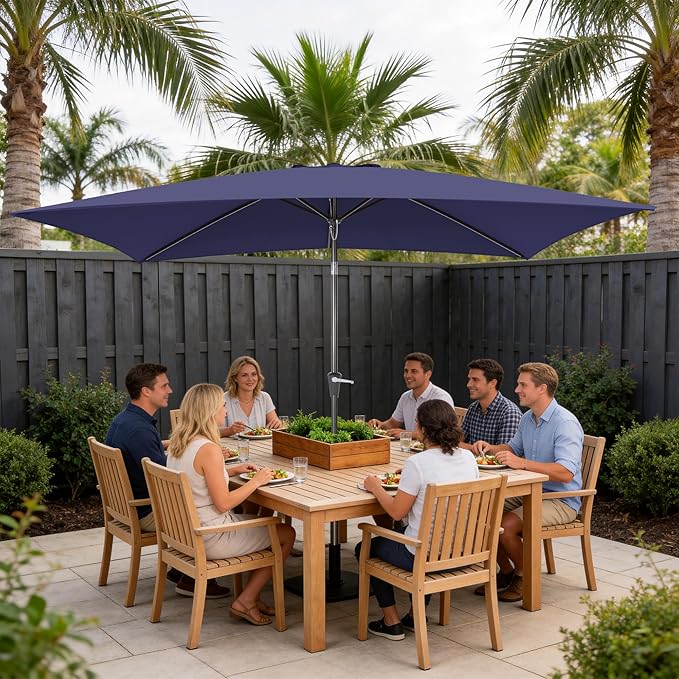Rectangular Patio Umbrella, 6.5 x 10 ft Rectangle Table Umbrellas w/Heavy Duty Ribs, Effortless Crank and Push Button Tilt, Wind Resistant Sun Umbrella for Outdoor Patio, Navy Blue