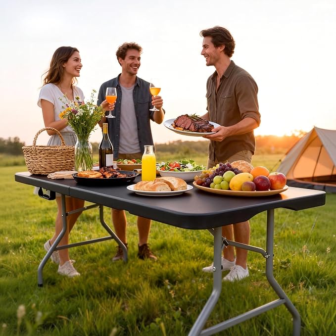 Fenbeli 6FT Folding Table, 350 LBS Heavy Duty Foldable Table with 18% Thicker HDPE Waterproof Top, Fold in Half Portable Table with Handle, Steel Frame for Indoor Outdoor Party Events