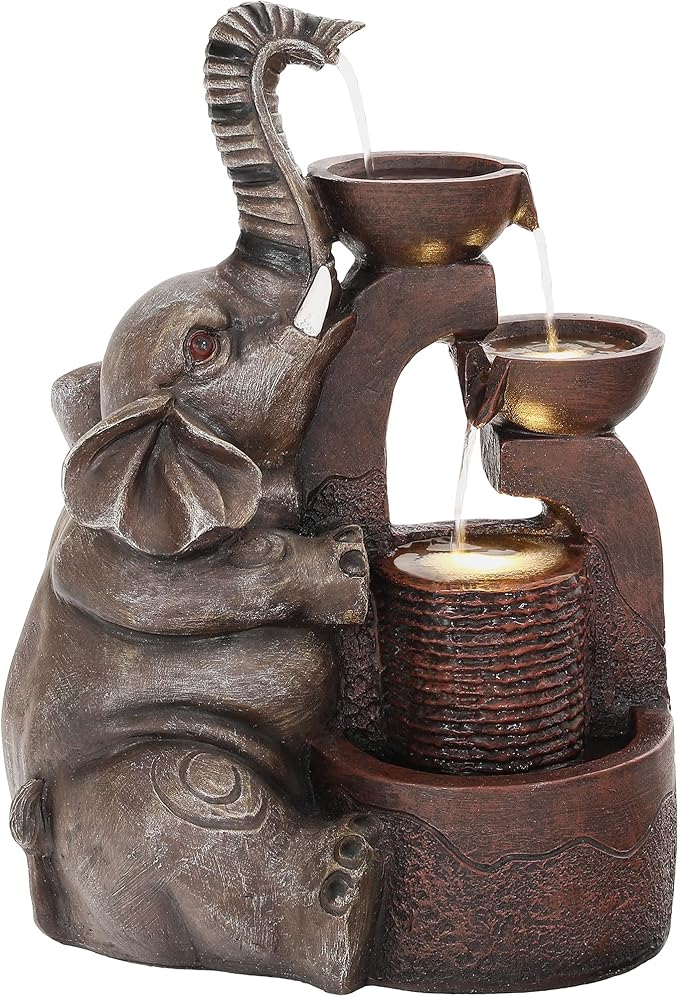 20" Outdoor Fountain, 3-Tier Playful Elephant Sculpture Water Feature with LED Lights, Resin Soothing Cascading Waterfall for Patio, Backyard, Garden or Porch