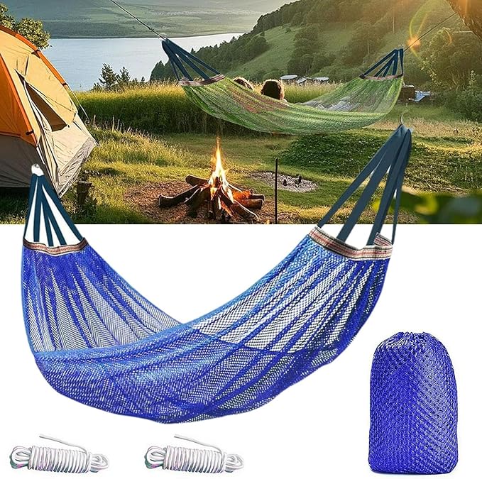 Camping Hammock Nylon Mesh Portable Hanging Bed Outdoor Hammock for Adults 440lbs Capacity, Anti-Roll Breathable Hammocks for Hiking Travel Beach Garden Backpacking(Blue)