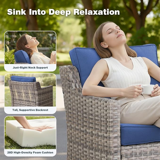 Belord Patio Wicker Swivel Rocker Patio Chairs with 3-Seater Sofa, Outdoor Rattan Chairs for Deck Porch Poolside, 7 Piece Patio Conversation Furniture Set,Blue
