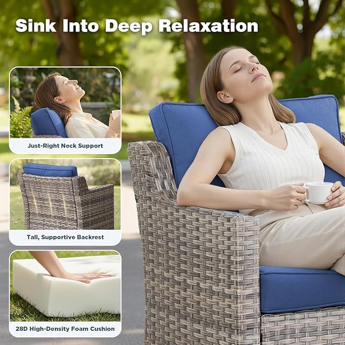 Belord Patio Wicker Swivel Rocker Patio Chairs with 3-Seater Sofa, Outdoor Rattan Chairs for Deck Porch Poolside, 7 Piece Patio Conversation Furniture Set,Blue