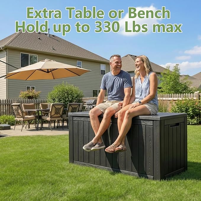 KAMABOKO 97 Gallon Waterproof Large Resin Deck Box, Lockable Large Outdoor Storage Box Indoor Outdoor Storage Container for Patio Cushions, Gardening Tools, Pool Supplies, Black