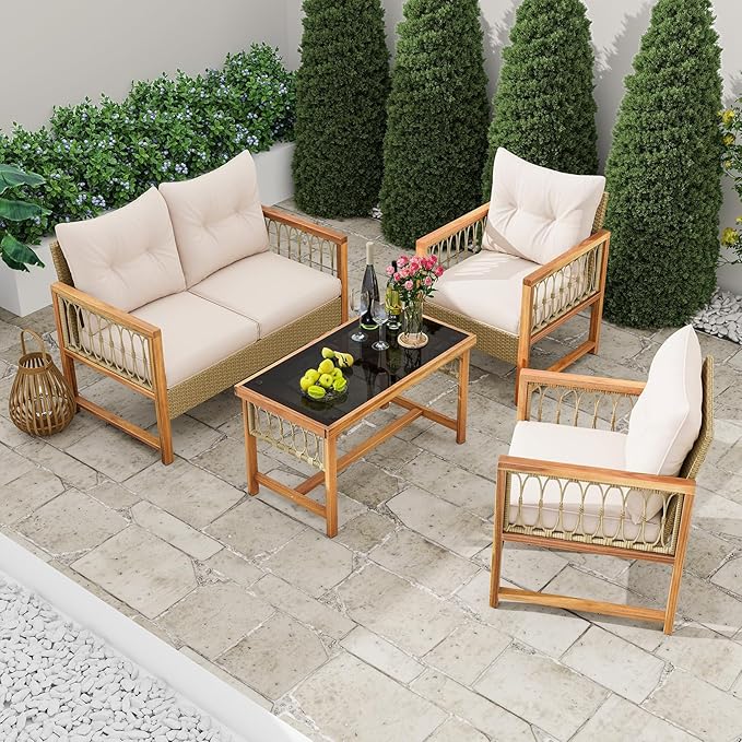 Tangkula 4 Pieces Patio Furniture Set, Outdoor PE Wicker Conversation Bistro Set with Acacia Wood Frame, Cushions and Tempered Glass Coffee Table for Porch, Balcony, Deck and Backyard (Beige)