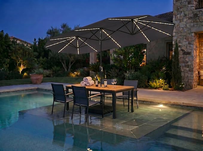 PURPLE LEAF 13ft Patio Market Umbrella with Solar LED and Base Double-Sided Rectangle Outdoor Table Sun Umbrellas with Crank for Pool Beach Deck Backyard Gray